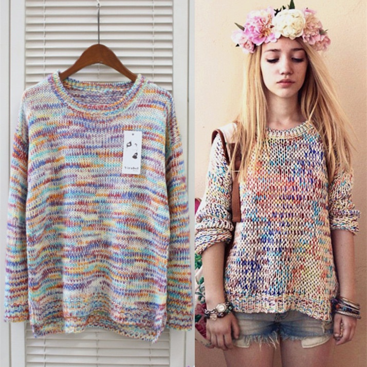 Fall 2014 Fashion Brand Top Shop  Women Sweater  O-neck Long Sleeve Rainbow Gradient Loose Pullovers Tricotado Knitwear Tops