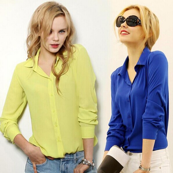 Women Blouses Direct Selling Free Shipping Button Solid 2014 Autumn New Long-sleeve Shirt Female Chiffon Women's Slim Clothing