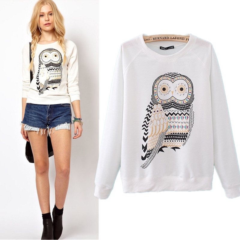 XS-S-M-L New Autumn Casual Cute White Owl Animal Print Beading Hoodies Pullover for Women High Quality WT4002
