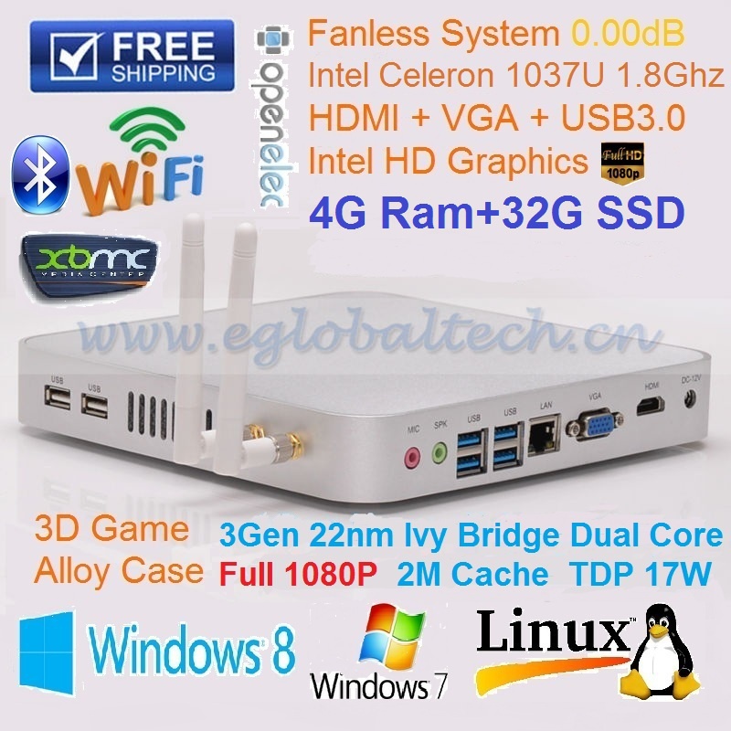 Portable PC Micro PC Fanless PC 0.00dB 4G DDR3 32G SSD Processor Intel Celeron 1037U 300M Wireless Infrared Remote HTPC HDMI VGA