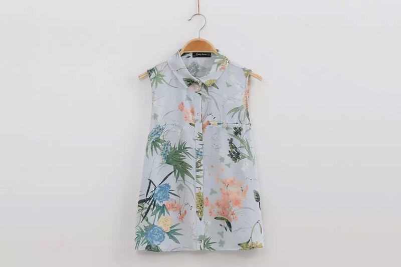 WT51 Fashion Ladies' floral print blouses vintage turn down collar sleeveless pocket shirts casual slim brand tops