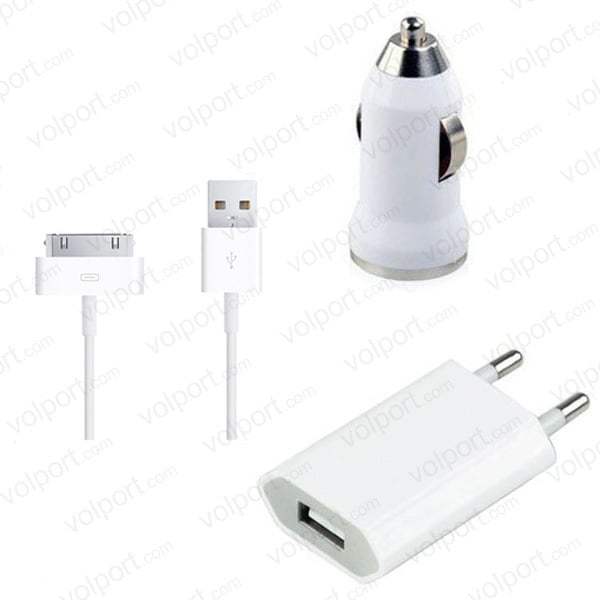 Free Shipping 3 in1 Charger for iPhone 4 4s Travel Kit USB Data Cable + EU Plug + Car Charger + 3pcs Screen Protector