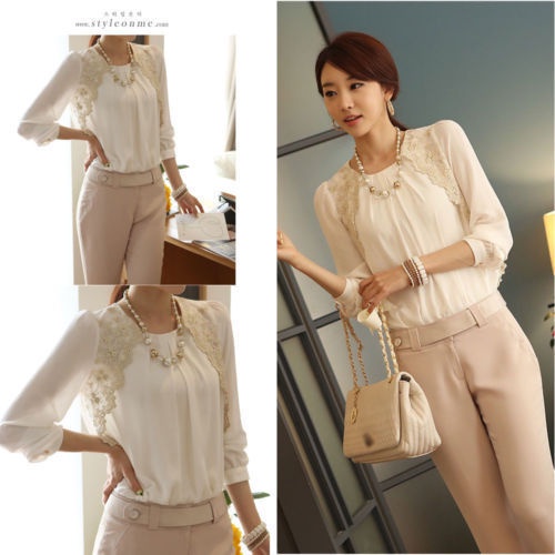 Vogue Women Long Sleeve Embroidered Chiffon Casual Tops Blouse White Shirt s XL