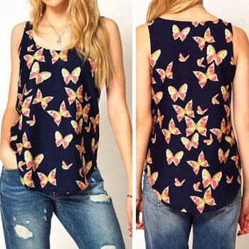 freeshipping Plus 1pc S~XXXL Women feminino borboleta Butterfly Print Sleeveless Chiffon Tanks Top Camis Crew colete Vest