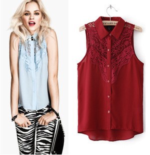 ST413 New Fashion womens' elegant sexy hollow out lace print shirts sleeveless casual transparent shirt slim brand designer top