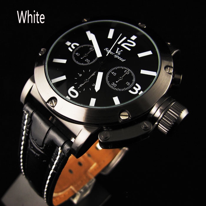 Noble V6 Orange & White Numerals Black Leather Watch Men Fashion Hour Marks Round Dial Sports Quartz Wrist Watch VP314