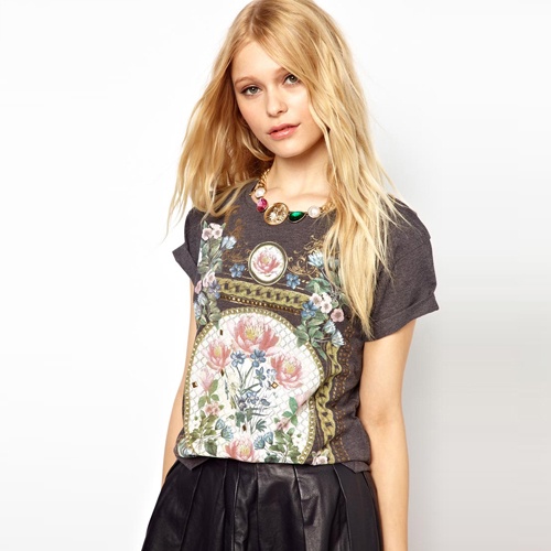 New 2014 Summer New Fashion Women T Shirt Royal Wind Flower Print O-Neck Short-Sleeve Roll Up Hem Cotton T-Shirts