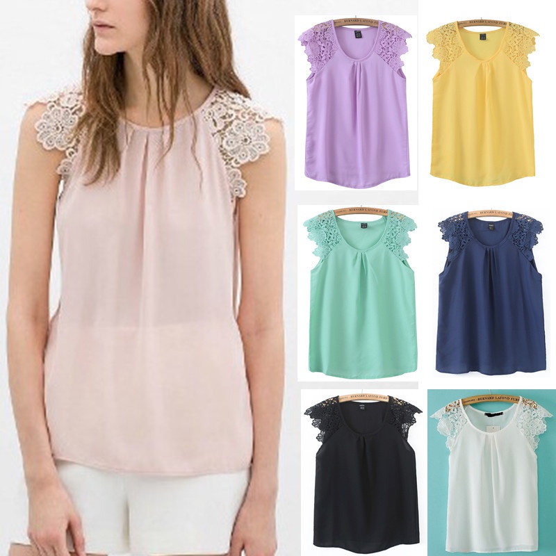 ST1999 New Fashion Ladies' Elegant lace spliced sleeve blouses O neck sleeveless Shirt casual slim brand designer tops