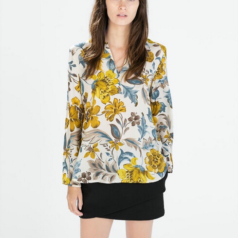 ST2421 New Fashion Ladies' elegant yellow floral print blouses vintage V neck long sleeve OL shirts casual slim brand tops