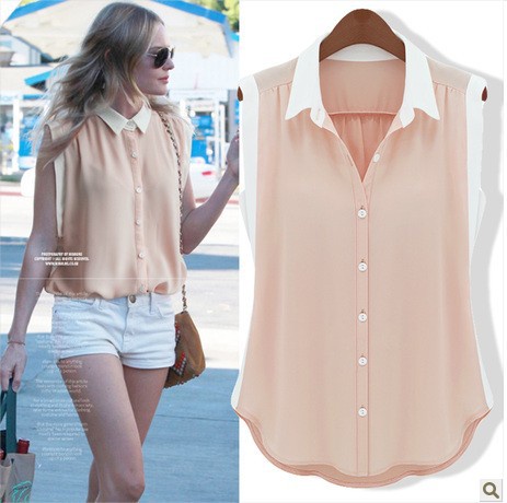 2014 Fresh Women's Sleeveless Color Block Decoration Chiffon Shirts Solid Color Blouse Women Slim All-match Shirt  ZGL8073LBR
