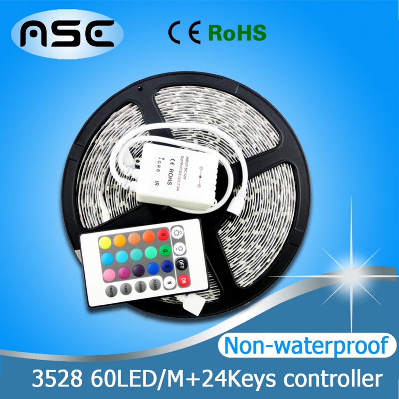 FREE SHIPPING 5M 12V 3528SMD LED Strip Light 60LEDs/M 5M/roll Non-waterproof DIscount Price+24Keys IR Controller