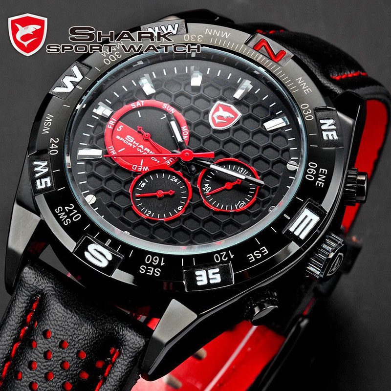 Original SHARK 6 Hands Date Day Stainless Steel Case Genuine Leather Strap Black Red Quartz Wrist Race Men's Sport Watch / SH080