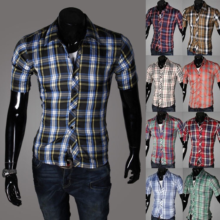 Free Shipping 2014 New Arrival Men Slim Fit Korean Style short-sleeve Shirt plaid shirts for men 5989
