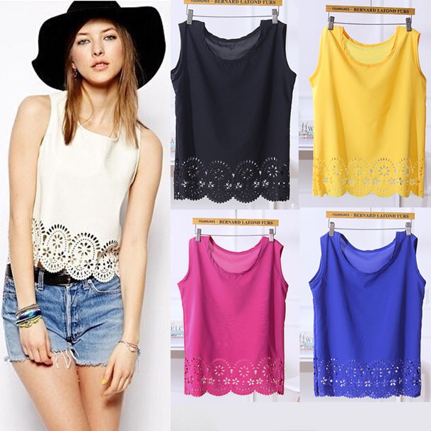 Fashion Sleeveless Tropical Roupas Blusas Femininas 2015 Summer Plum Flower Laser Cutting Chiffon Ladies Blouse Women Tops c440