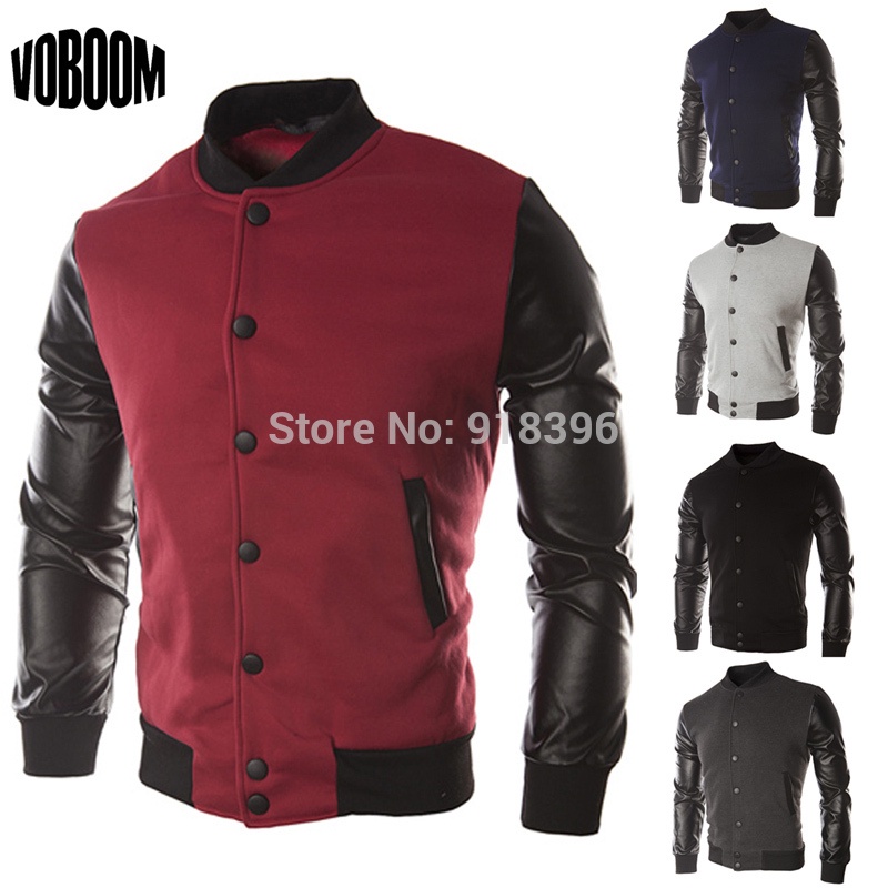 New Men 2014 Sweater PU Leather Collar Sweater Personalized Baseball Stitching Clothes Man Jacket Plus Size M-4XL Wine Red Navy