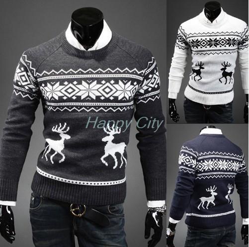 Men's Cashmere Pullover w/ Round Collar & Deer Print