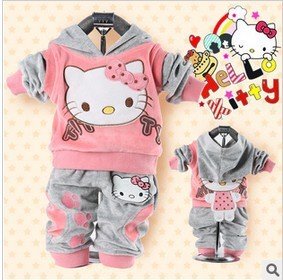 RETAIL baby 2piece suit set tracksuits Girl's Hello Kitty clothing sets velvet Sport suits hoody jackets +pants freeshipping