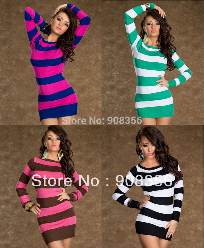 Brand Designer Mint Green Blue Black Coffee Color Ladies Sexy Striped Long Sleeve Dress Tunic Casual Mini One-Piece Dress C0323