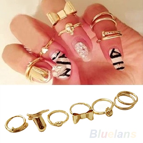 7Pcs Punk Promotion Gold Color Skull Bowknot Heart Nail Simple Band Mid Finger Top Stacking Rings Set for Women 1O5N
