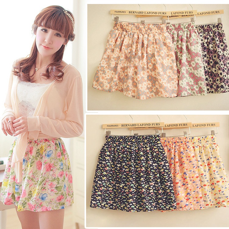 Summer New 2014 Fashion Korean Woman Chiffon skirt Pleated Short Skirts Patterns Printed Women skirt With Belt Free Shipping