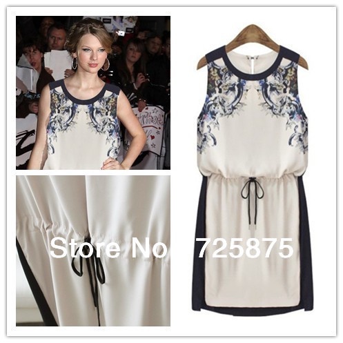 New 2014 Printed Dress Summer Women's clothing Pinched Waist Chiffon Casual Dress Women Sleeveless dress Knee Length Vintage