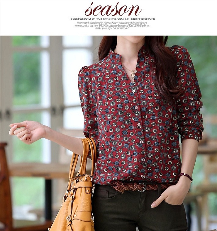New 2014 Hot Sell Fashion Women Chiffon Blouse Retro Totem Printed Sexy Slim Stand Collar Button Shirt Women Blouse Tops