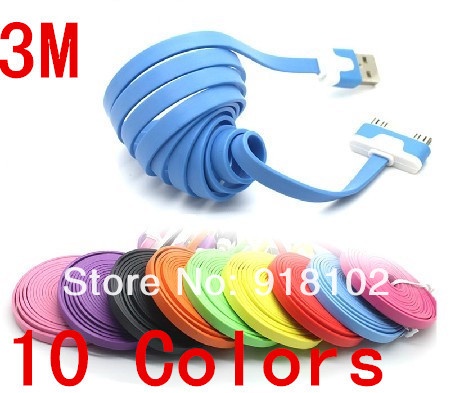 1pcs Free Shipping 3m Flat Charging Cord USB Data Sync Cable For  iPhone 4 4S 3GS 3G for iPod Nano