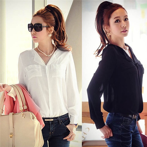 Free Shipping 2014 New Fashion Women's Shirt Hot Sale Solid Long Sleeve OL Career Chiffon Tops Blouse Black White S M L C0120