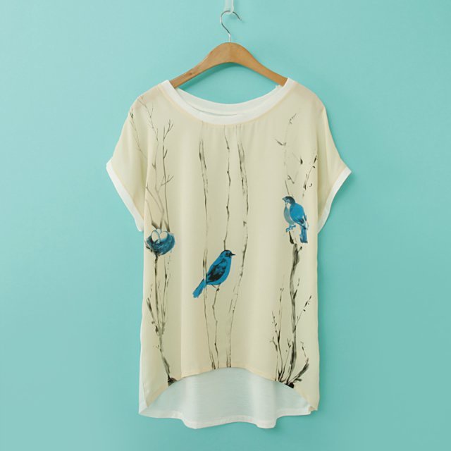 Free Shipping New 2014 Summer Fashion Birds Animal Print Blouses Short Sleeve Casual Shirts Tops For Women Clothing Blusas 2702