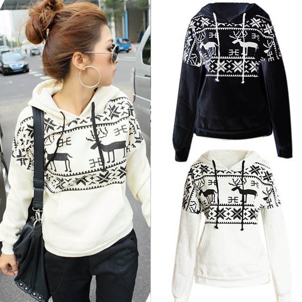 New Fashion Korea Women Deer Print Pullover Hoodies Fleece Outerwear Sweatshirt For Freeshipping