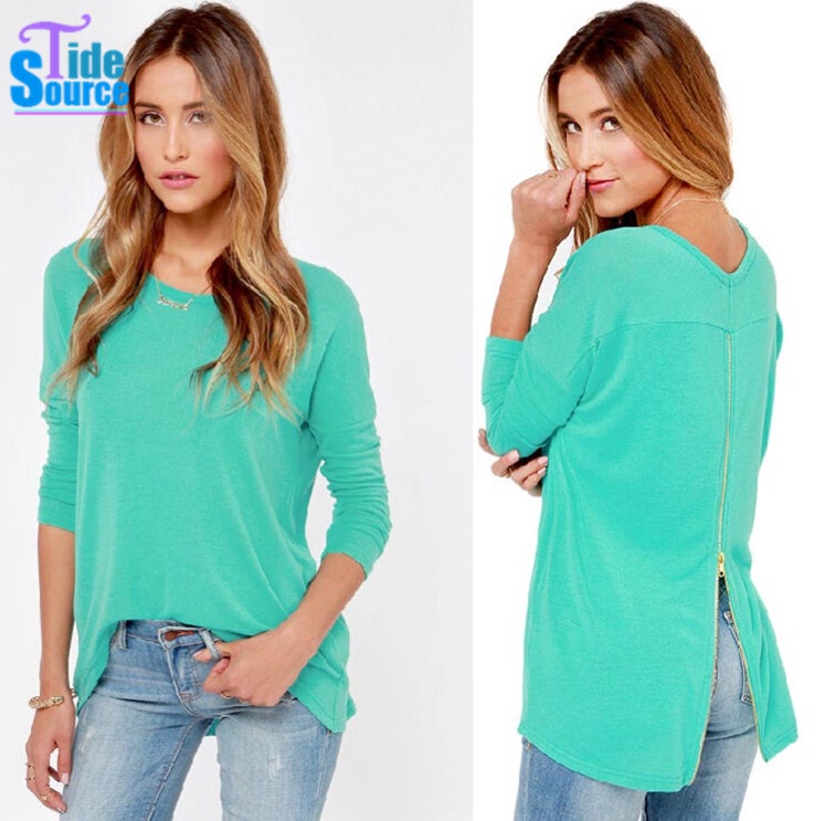 Autumn 2014 Casual Long Sleeve Knitted Pullover Women Sweater Tricotado Mint Green Winter Pullovers O Neck Slit Jumper Sweaters