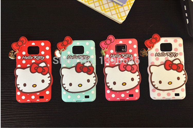 New cute For Samsung Galaxy S2 I9100 Polka Dot Pendant Hello Kitty Silicone Rubber Back Cover Phone Case Shockproof Skin