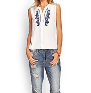 WT53 New Fashion Ladies' elegant white porcelain embroidery blouses  vintage V neck sleeveless shirts casual brand tops