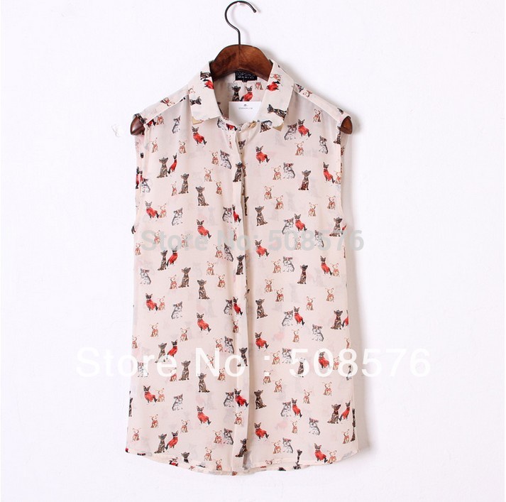 2013 New fashion womens' sexy cute dog puppy print chiffion blouse shirt elegant sleeveless vintage casual brand designer tops