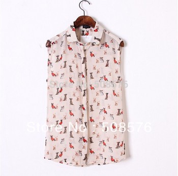 2013 New fashion womens' sexy cute dog puppy print chiffion blouse shirt elegant sleeveless vintage casual brand designer tops