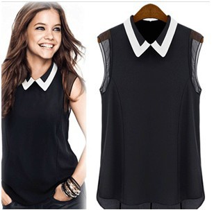 New 2014 shirt women brand summer chiffon blouse turn-down collar  fashion sleeveless plus size chiffon shirt tops T001