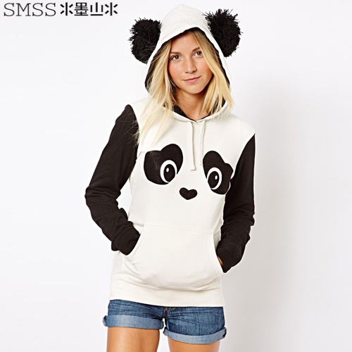 Brand design womens long sleeve hooded sweatshrits with panda design and contrast color patchwork for dropship