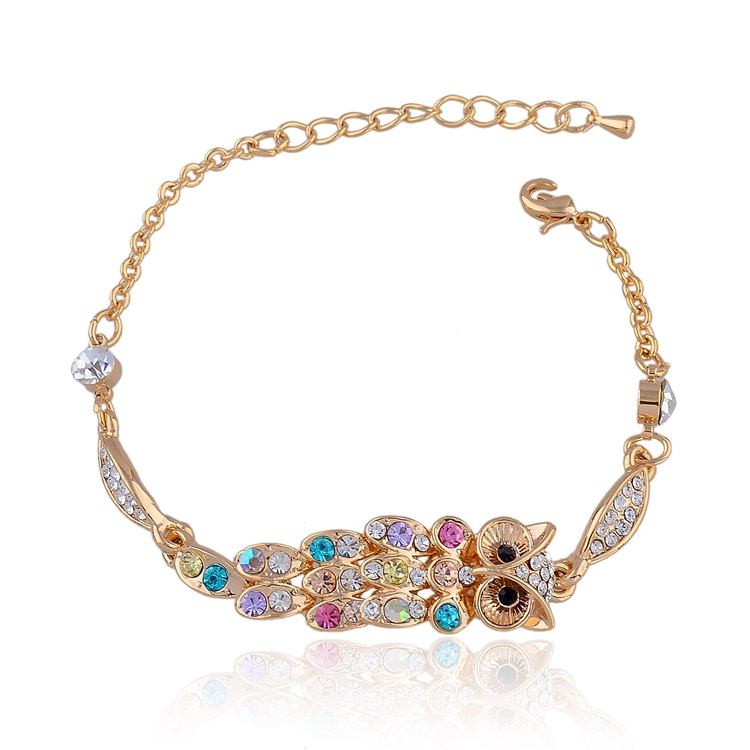 Harajuku Bijouterie For Women Bracelets Bangles Gold Plated Multicolor Austrian Crystal Wide Owl Charm Bracelet SBR140218