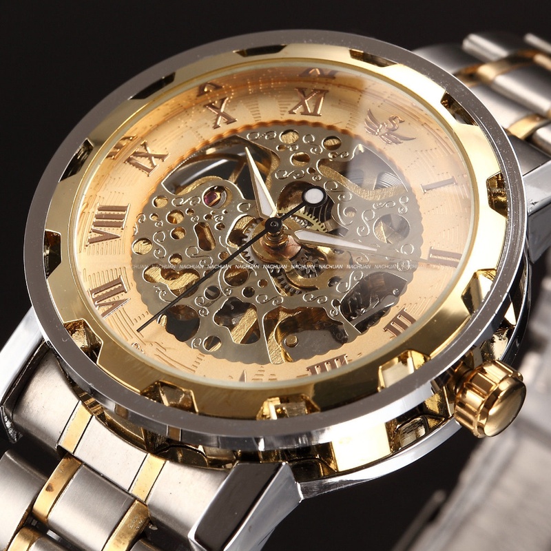 Top Brand Mens Full Steel Hand Wind Watch Classic wristwatches Steampunk Skeleton Mechanical Men Fashion Stainless Steel Watch