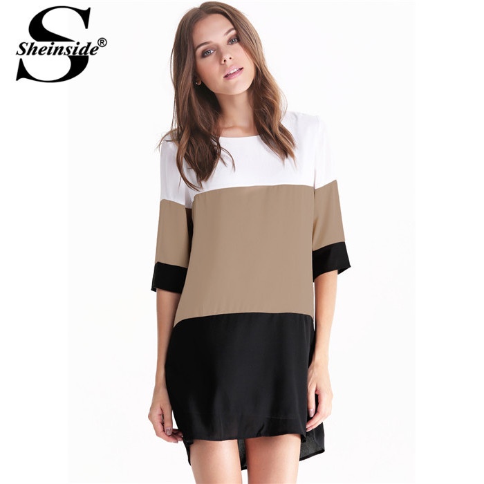 Sheinside Cheap Sale Vestidos Party Desigual Straight Dresses Women Color Block Half Sleeve Vintage 2014 Chiffon Casual Dress