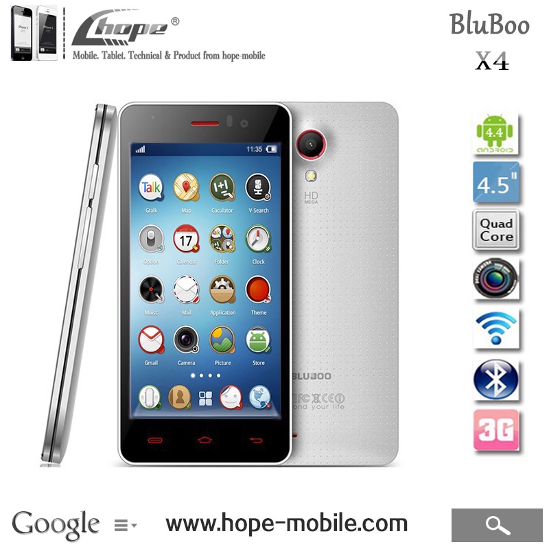 Original BLUBOO X4 4.5'' QHD 4G LTE Cell Phone MTK6582 Quad Core 1GB RAM 4GB ROM Android 4.4 8MP+5MP Dual Camera In Stock