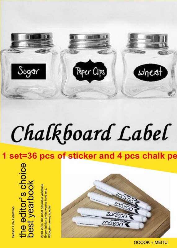 Free Shipping 4 pcs Liquid Chalk Pen and 36 pcs Chalkboard Sticker Labels Vinyl Kitchen Pantry Home 3 Design Decals 5CM X 3.5CM