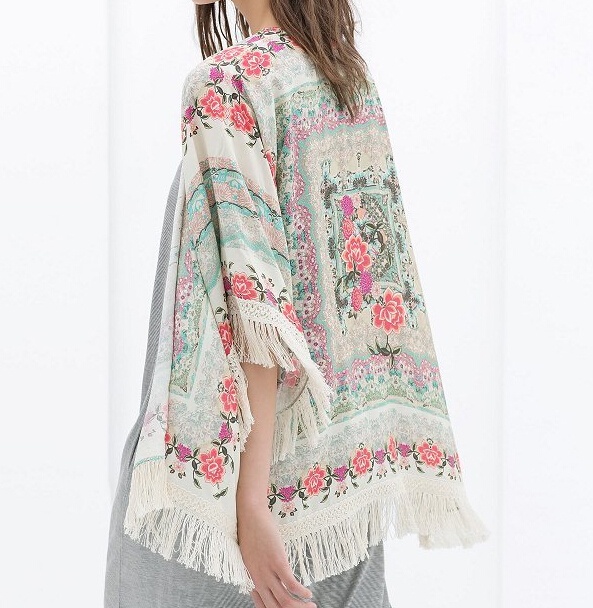 CT607 New Fashion Ladies' floral Pattern tassel Cape vintage loose Outwear casual Tops elegant Cape Lady kimono blouses branded
