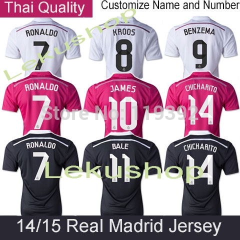 Cristiano Ronaldo KROOS BENZEMA JAMES BALE CHICHARITO 14 15 Real Madrid Soccer Jerseys White Away Pink Black Dragon Short Shirt