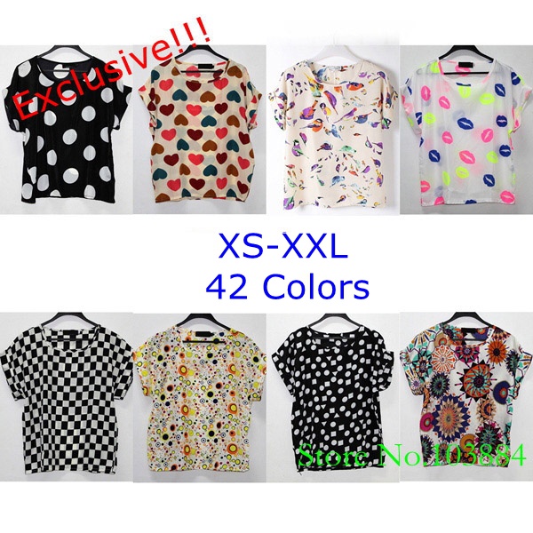 42 Colors!!Exclusive! XS-XXL, 2014 New Hot Sale Women Bird Colorful Batwing Sleeve Chiffon Shirt, Loose Blouse, A1221