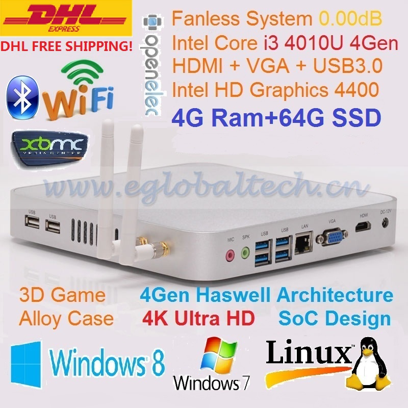 Cheap Mini PC HTPC Computer 4G DDR3 64G SSD Intel Core i3 3217U IR Remote Control 150M WiFi Can uprade to 300M DHL Free Shipping