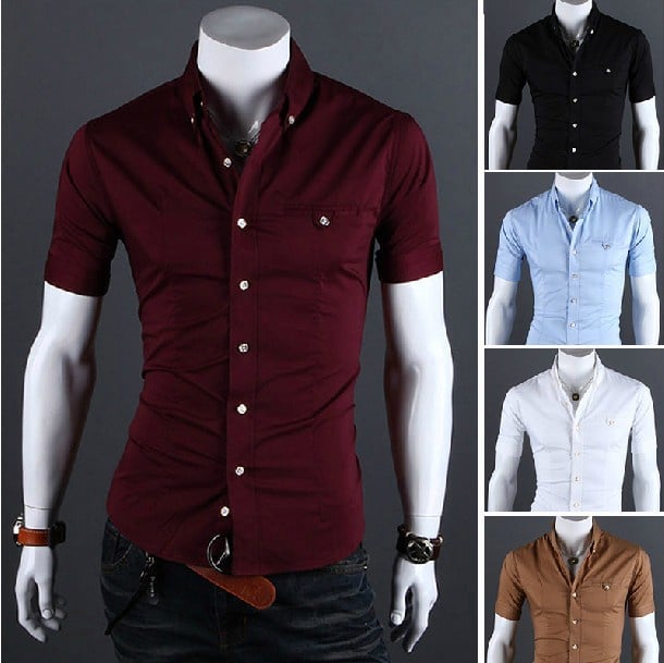 Free Shipping 2013 spring and summer Slim solid color metal buckle men's short-sleeved shirt  US Size:XS,S,M,L      0151
