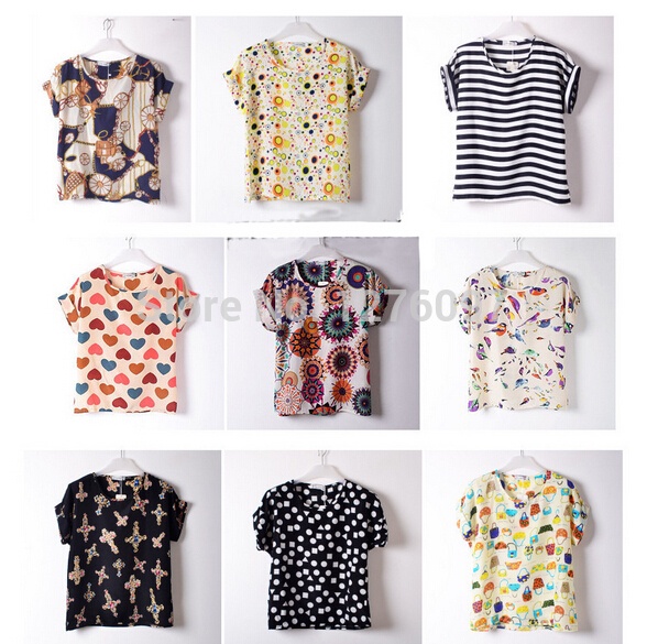 19 Print Pattern New Fashion 2014 Chiffon Women Blouse Colorful Batwing Blusas Femininas Loose Big Size Blouse Shirt Woman 0091