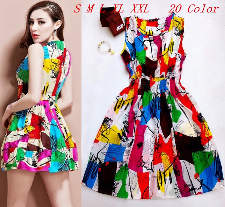 Free shipping !! 2015 HOT new 20 Styles Women casual Bohemian floral leopard sleeveless vest printed beach chiffon dress NZ17