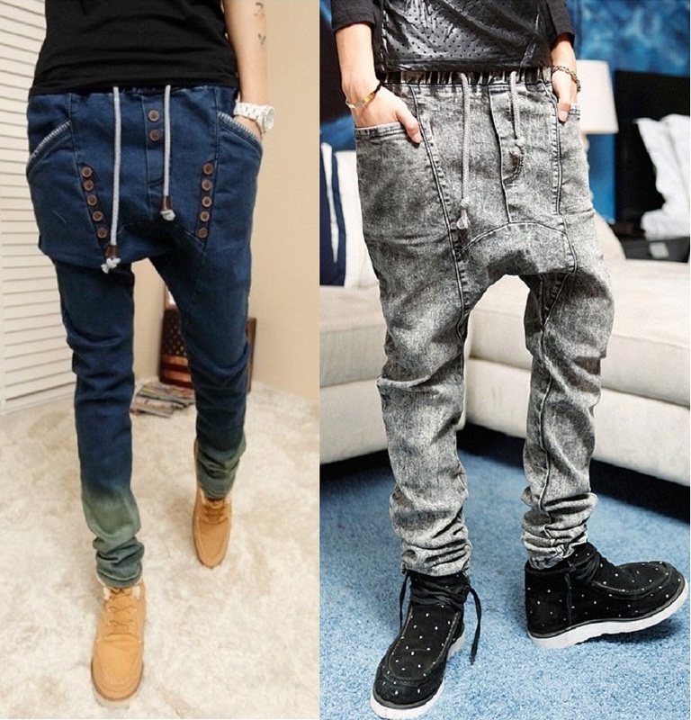 male HIPHOP Low Drop crotch pants men denim Jeans hip hop sarouel men jogger pants baggy trousers loose pantalon harem pants